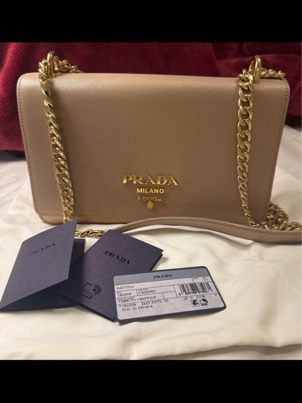Prada Taupe Saffiano Leather Crossbody with Gold Chain